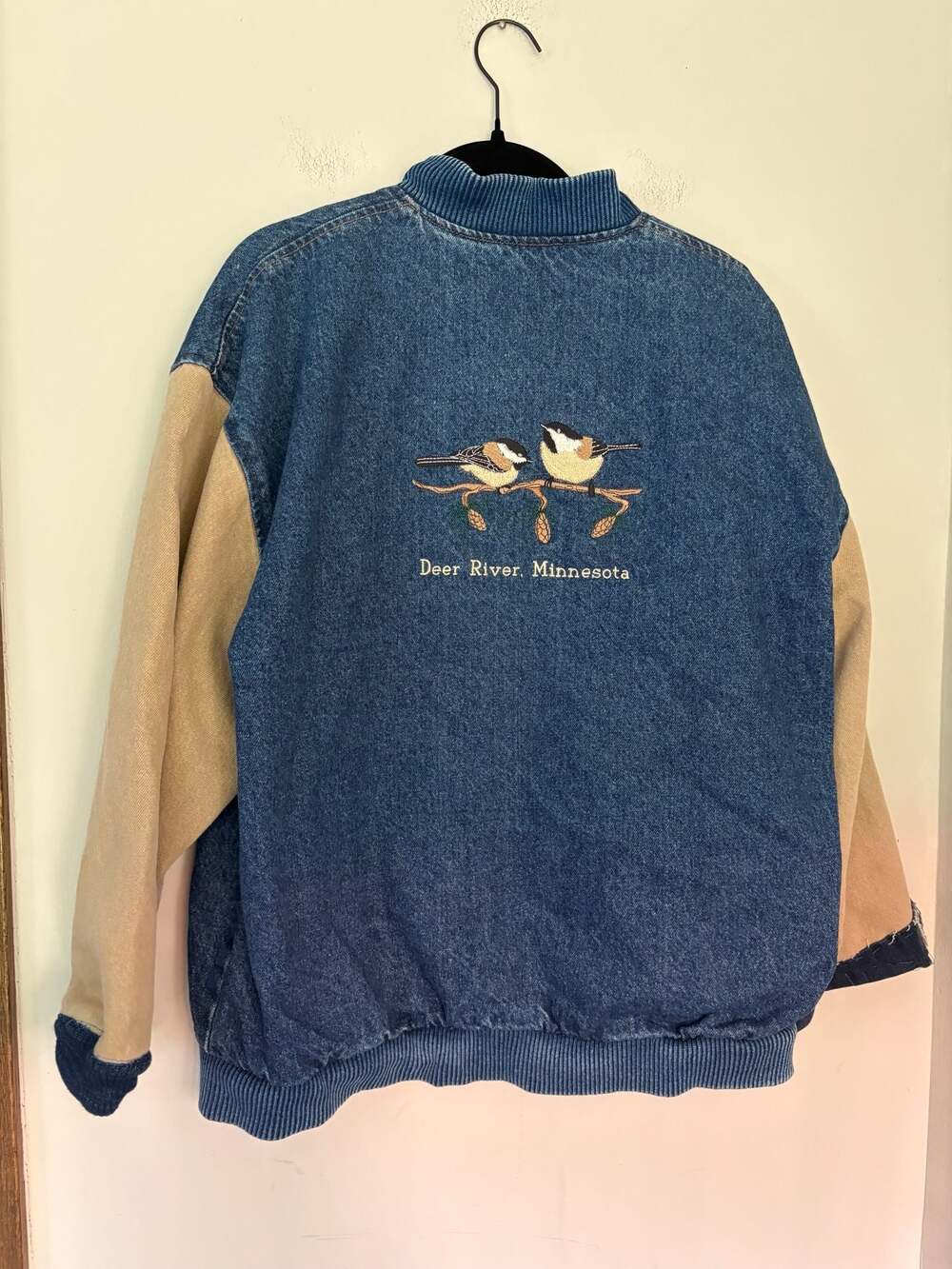 Three Rivers Vintage Denim Embroidered Minnesota Bird Varsity Bomber Jacket Sz M